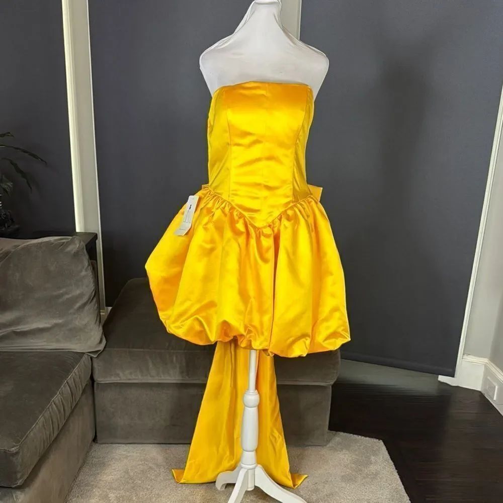Short Yellow Strapless Homecoming Prom Dress Corset Back Bow Puffy Skirt Size M